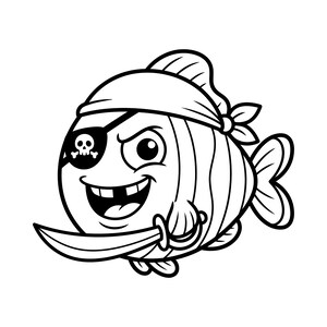 以下が含まれることがあります： 海賊に扮した魚の白黒漫画イラスト。魚はバンダナ、ドクロと骨の眼帯、剣を持っています。魚は笑顔で歯を見せています。