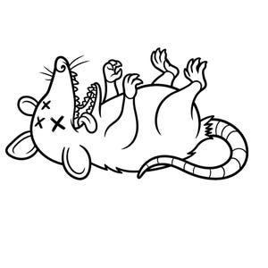 May include: A black and white cartoon illustration of a rat lying on its back with its mouth open. The rat has crossed-out eyes, a long tail, and its paws are in the air. The image is a simple line drawing.
