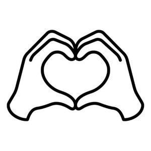May include: Black and white line art illustration of two hands forming a heart shape. The hands are positioned with fingers touching to create the heart symbol, a common gesture of love and affection.