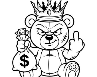 Money Bear Svg, Gangster Teddy Bear Svg, King Bear Svg, Dollar Bag Svg, Rich Bear Svg, Crown Svg, Cut File, Silhouette, Instant Download