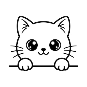 Puede incluir: Ilustración de dibujos animados en blanco y negro de la cara de un gato. El gato tiene ojos grandes y redondos, bigotes y una nariz y boca pequeñas. Las patas del gato son visibles, descansando sobre una línea horizontal. El diseño general es simple y lindo.