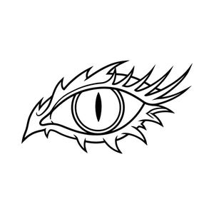 May include: A black and white illustration of a dragon's eye. The eye is detailed with sharp, spiky edges around the eyelid and a vertical pupil. The design is a stylized, graphic representation of a mythical creature's eye.
