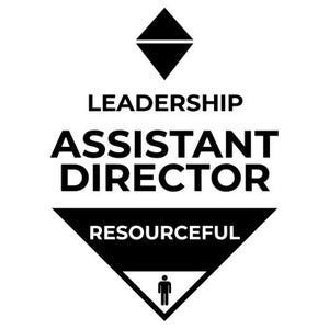 May include: A black and white graphic with the words "LEADERSHIP ASSISTANT DIRECTOR" in bold font. Below, the word "RESOURCEFUL" is displayed within a black triangle, with a stick figure inside a white triangle.