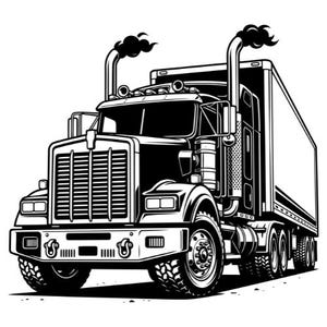 May include: Black and white illustration of a semi-truck with a large trailer. The truck has a detailed front grill, large tires, and exhaust stacks emitting smoke. The trailer is plain, and the image is a detailed line drawing.