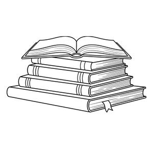 May include: A stack of five books, with one open on top. The books are in a simple black and white line art style. A bookmark is visible in the bottom book.
