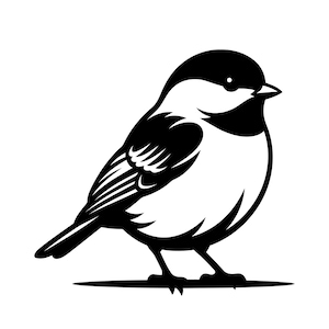 May include: A black and white illustration of a small bird, possibly a chickadee, perched on a thin line. The bird has a rounded body, a black head, and a white chest. The wings are detailed with black lines.