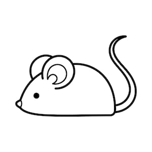 Puede incluir: Ilustración en blanco y negro de un ratón de perfil. El ratón tiene orejas grandes y redondeadas, un ojo pequeño y una cola larga y curvada. El diseño es minimalista y de estilo caricaturesco, adecuado para diversas aplicaciones.