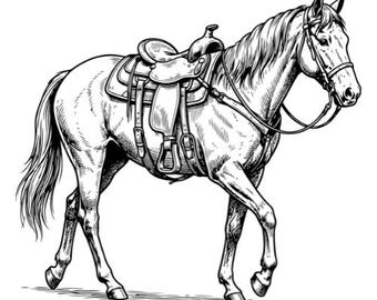 SVG de caballo ensillado caminando, SVG de caballo de paso de Tennessee, SVG de caballo de andadura, imágenes prediseñadas de jinete de caballo de andadura, silueta, vector, descarga instantánea