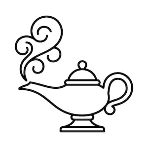 Puede incluir: Dibujo lineal en blanco y negro de una lámpara de genio. La lámpara tiene una boquilla curva, un cuerpo redondeado y un asa. Humo o vapor sale en espiral de la boquilla. La lámpara se apoya en una base.