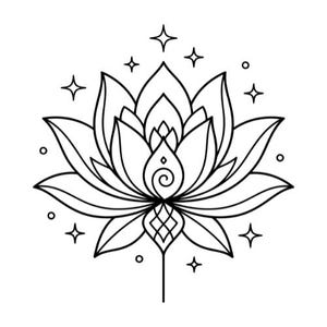 May include: Black and white line art of a lotus flower with multiple petals. The flower has a detailed design with a spiral in the center and a stem at the bottom. Surrounding the flower are small stars and circles.