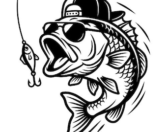 SVG de peces de pesca, SVG de lubina, SVG de caña de pescar, silueta de pesca, imágenes prediseñadas para Cricut, SVG de vida de pesca en lago, descarga instantánea
