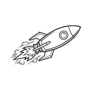 May include: Black and white illustration of a rocket ship blasting off. The rocket has a circular window and angled fins. Smoke and flames trail from the engine, indicating rapid acceleration. The design is simple and graphic.