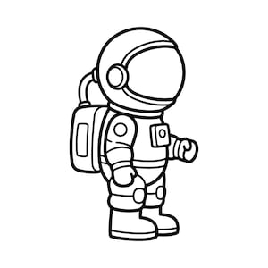 May include: A black and white cartoon illustration of an astronaut. The astronaut is wearing a helmet, a spacesuit, and a backpack. The astronaut is standing upright with one hand in a fist.
