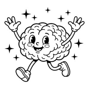 Può includere: Illustrazione a fumetto in bianco e nero di un cervello con braccia, gambe e un volto sorridente. Il cervello corre con le braccia alzate ed è circondato da forme di stelle.