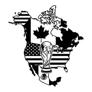 May include: Black and white graphic of North America with flags of the United States, Canada, and Mexico. A World Cup trophy is centered on the map. The flags are integrated into the map's design.