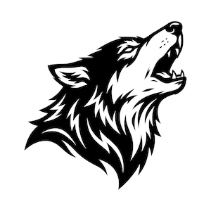 Puede incluir: Ilustración en blanco y negro de la cabeza de un lobo aullando. El lobo se representa de perfil, con la boca abierta y los dientes visibles. El pelaje está detallado con líneas angulares y afiladas, creando un diseño gráfico audaz.