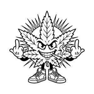 Può includere: Illustrazione a fumetti in bianco e nero di una foglia di cannabis con un volto, che mostra il dito medio e fuma un sigaro. La foglia indossa scarpe da ginnastica alte e ha un disegno a raggi di sole dietro.