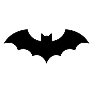 May include: A black silhouette of a bat with outstretched wings against a white background. The bat's wings have a jagged edge, and its head has two pointed ears. The image is a simple, graphic representation of a bat.