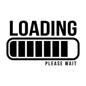 May include: Black and white graphic with the word "LOADING" above a progress bar. The bar is partially filled, with the text "PLEASE WAIT" below. The design is simple and modern, suitable for digital products.