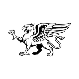 May include: A monochrome illustration of a griffin, a legendary beast with a lion's body and an eagle's head and wings. The griffin is shown in a dynamic stance, with its claws outstretched and wings displayed.