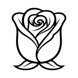 Può includere: Illustrazione in bianco e nero di una rosa in piena fioritura. L'immagine presenta spessi e audaci contorni del fiore, mostrando i petali e le foglie in modo stilizzato. Design semplice ed elegante.