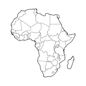 May include: A black and white outline of the continent of Africa, showing the geographical boundaries of each country. The map is a simple, minimalist design, perfect for educational purposes or as a decorative element.