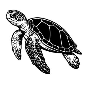 May include: A monochrome illustration of a sea turtle. The turtle is shown in profile, with its head and flippers extended. The shell features a geometric design, and the flippers have a textured appearance. The image is set against a white backdrop.