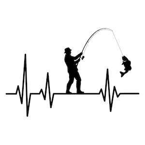 Peut inclure: Silhouette noire d'un pêcheur attrapant un poisson, sur fond de ligne de battement de cœur. Le pêcheur porte un chapeau et des bottes. Le poisson est accroché à la ligne. Le design est sur fond blanc.