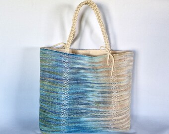 Handwoven Linen Cotton Tote Bag, Blue Beige, OOAK