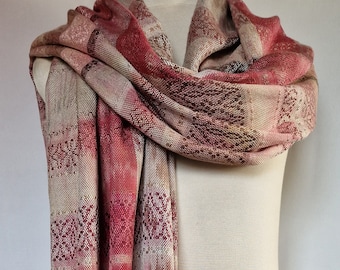 Handwoven Shawl / Wrap,  Shappe  ( Mulberry )Silk,  ( 72 cm x 217  cm + fringes), Unique piece