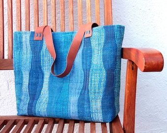 Handwoven Beach Tote Bag, Blue Hemp Cotton, Leather Handles