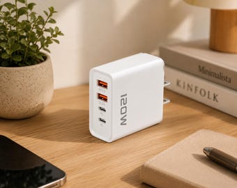 USB C Wall Charger 120W Fast Charging Block 4 Port PD QC3.0 Power Adapter for Laptop iPhone iPad Travel Charger Minimalist Desk Setup