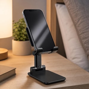 Op de afbeelding: Een zwarte, verstelbare telefoonstandaard met een smartphone. De standaard staat op een houten oppervlak, met een lamp en een plant op de achtergrond. De telefoon is onder een hoek geplaatst voor optimaal zicht.