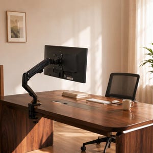 May include: A black monitor arm supports a black computer monitor above a dark wood desk. The desk has a built-in cable management channel. A keyboard, mouse, and mug are on the desk. A black mesh-backed chair sits in front of the desk.