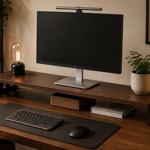 May include: A modern home office setup featuring a dark wood desk with a monitor, keyboard, and mouse. A monitor stand holds the screen, with a small plant and a decorative lamp adding to the aesthetic. A coffee mug sits on the desk.