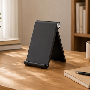 Könnte beinhalten: Ein schwarzer Tablet-Ständer steht auf einem Holztisch. Der Ständer ist abgewinkelt, mit einem silbernen Detail oben. Ein Notizbuch, ein Stift und eine kleine Topfpflanze befinden sich ebenfalls auf dem Tisch. Der Hintergrund umfasst ein Bücherregal und ein Fenster.