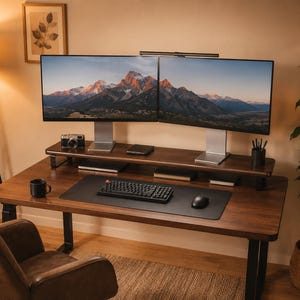 Può includere: Una scrivania in legno scuro con gambe in metallo nero, dotata di una configurazione a doppio monitor su un rialzo in legno abbinato. La scrivania include una tastiera nera, un mouse, una tazza nera, una fotocamera e una barra luminosa.