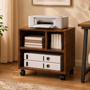 May include: A dark brown wood-grain printer stand on wheels featuring two open shelves. The top surface holds a white printer, while the shelves contain a stack of books, a clear organizer with markers, and two white ring binders with metal holes.