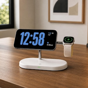 May include: A white and silver charging station with a phone displaying the time 12:58 and an Apple Watch. The watch has a cream-colored band and is charging. The base is oval-shaped and sits on a wooden surface.