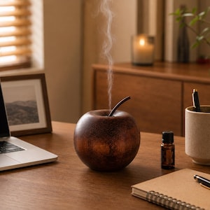May include: A wooden apple-shaped essential oil diffuser with a dark brown finish, emitting a wisp of vapor. The diffuser sits on a wooden desk next to a laptop, a small essential oil bottle, and a notepad.