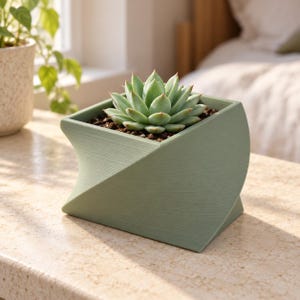 Ribbon Planter, Twisted Rectangular Succulent Pot with Drainage, Modern 3D Printed Geometric Plant Pot