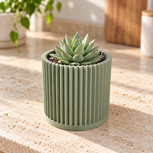Knurl Planter, Fluted Succulent Pot with Drainage, Modern 3D Printed Geometric Plant Pot