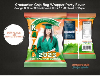 2023 Yearbook Style Graduation Chip Bag for Orange & Green  School Colors Favor Printable Graduation Party Favor Bag Decor