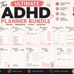 May include: A 15-page ADHD planner bundle featuring a light pink background with black text. The document includes various templates such as a daily focus planner, morning routine, time blindness tracker, habit stacking, and work productivity planner.