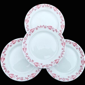 May include: Four white ceramic plates with a red floral border design. The plates are arranged in a circular pattern, showcasing the intricate details of the red floral pattern around the edges. The plates are clean and ready for use.