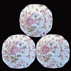 Set of 3 Johnson Bros Pink Rose Chintz 6.25&quot; Square Cereal Bowls in Excellent Seemingly Unused Condition with Green Backstamps