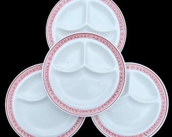 Set of 4 Jackson Diner Hotel Restaurant China Red "P-641" Acanthus Pattern on White 9.5" Divided Grille Plates in Excellent Condition