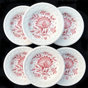 Set of 6 Syracuse Diner Hotel Restaurant China Red or Pink 3&quot; &quot;Roxbury&quot; Econo-Rim Butter Pats with Plain Rim in Excellent Unused Condition