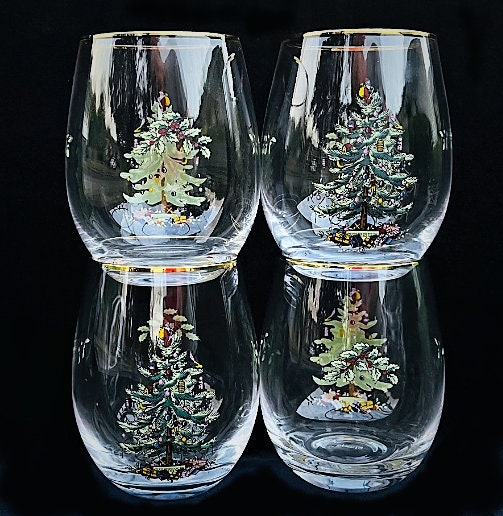 Set of 4 H-T-F Spode Christmas Tree 19-oz Stemless Wine Glasses Unused in  Original Packaging 