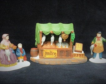 Department 56 Heritage Village #55590 "Poultry Market" 3-Piece Set Hand-Painted Ceramic Accessories in Excellent Unused Condition